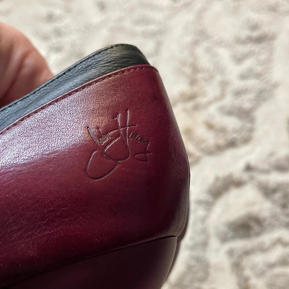 John Fluevog BELLEVUE PEARL HART CRISS-CROSSED MARYJANE HEEL Wine & black sz 8.5 - Picture 5 of 12